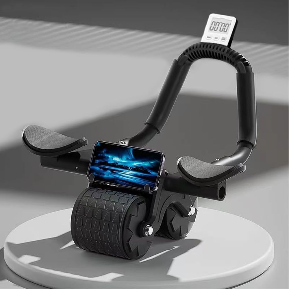 A black exercise roller featuring a digital display and phone holder, placed on a circular platform.